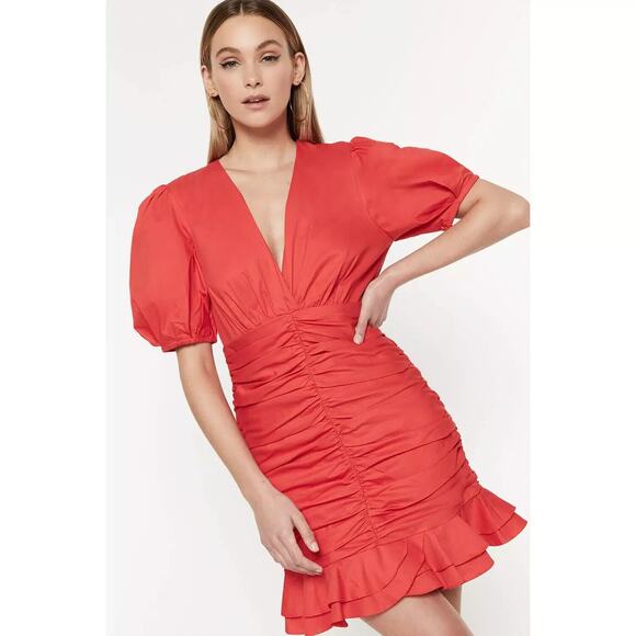 Bardot Women The Amie Mini Dress Small Candy Pink Ruched Short Puff Sleeve Party - Picture 14 of 14